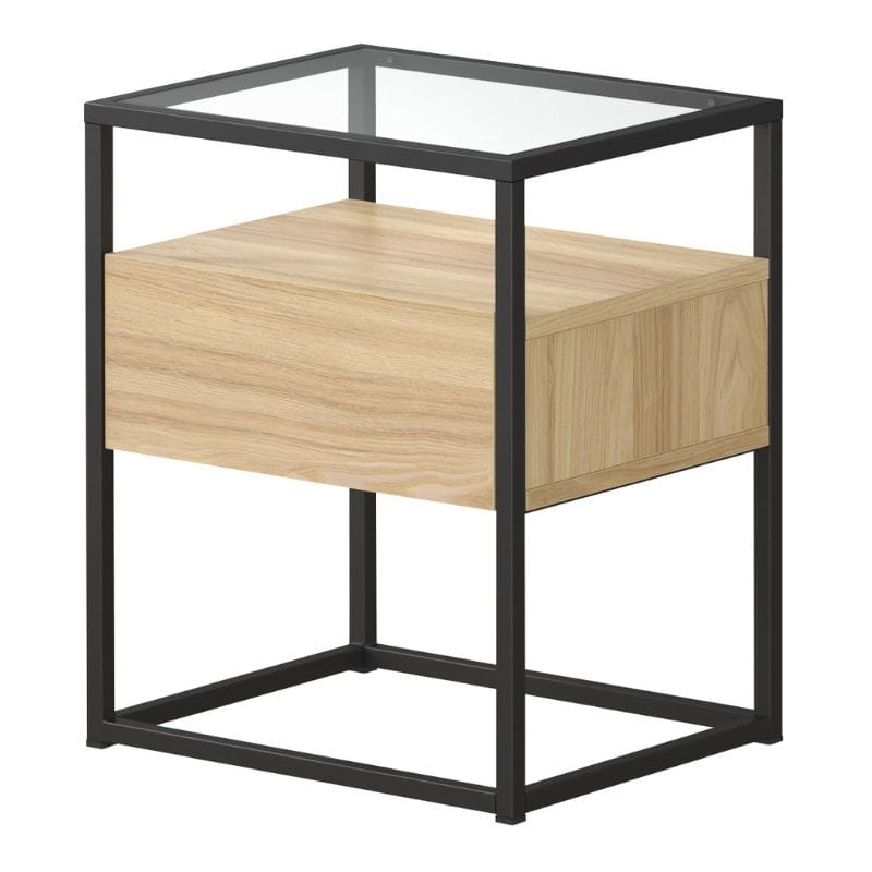 Mesa Cabeceira Vidro + Carvalho Lateral