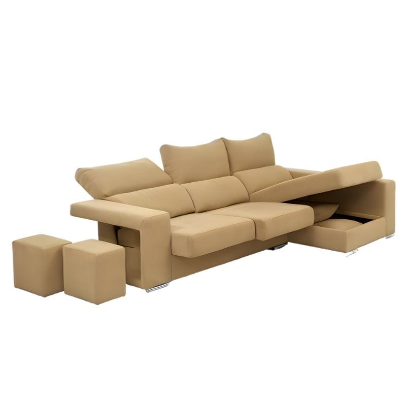 Sofá Luna 2 Lugares + Chaise c_2 Puffs e Arrumação Bege Aberto VF Lado Direito