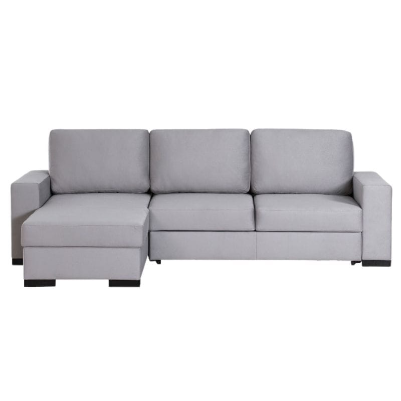 Sofá Riga 3 Lugares + Chaise com Cama Elevatória Cinza Claro Frente VF Lado Esquerdo